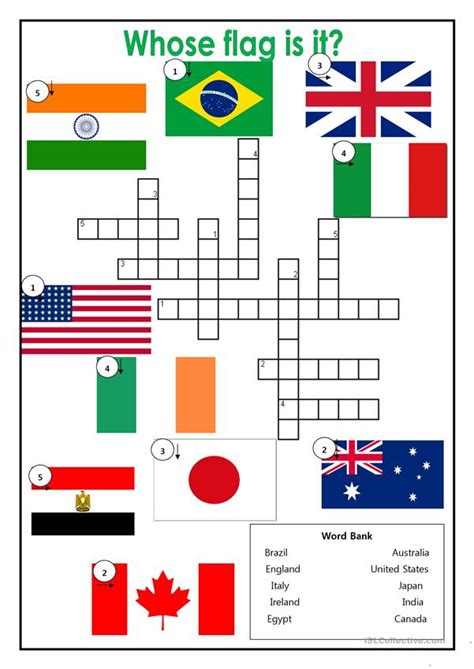 The front of the card is the country name and the back of the card is the flag and capital. Country Flag Crossword worksheet - Free ESL printable worksheets made by teachers