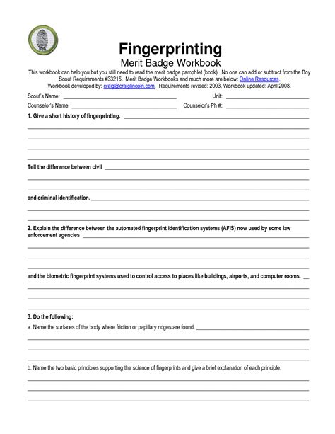 15 Fingerprint Identification Worksheet