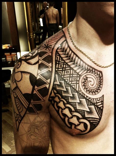 Black Ink Polynesian Chest Tattoo