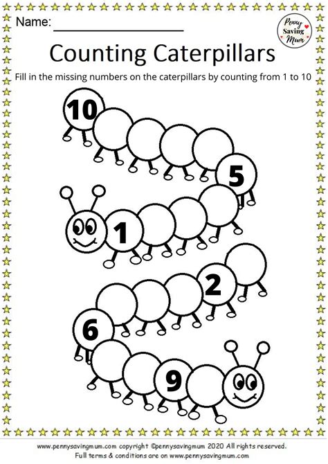 Numbers 1-10 Caterpillar Worksheets For Toddlers