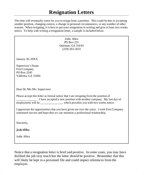 Free 7 Sample Resignation Letter With 2 Week Notice Templates In Ms