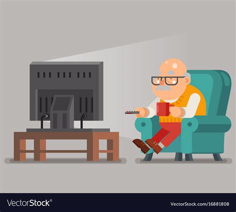 Grandfather Old Man Watching Tv Sit Armchair Vector Image