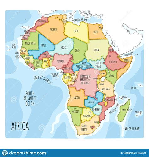 Colorful Hand Drawn Political Map Of Africa Stock Vector Illustration