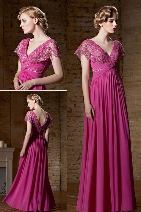 Sexy V Neck Fuchsia Chiffon Long Sequins Prom Dress With Sleeves