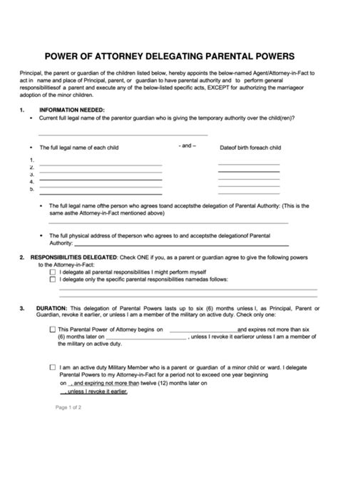 Fillable Power Of Attorney Form Delegating Parental Powers Printable