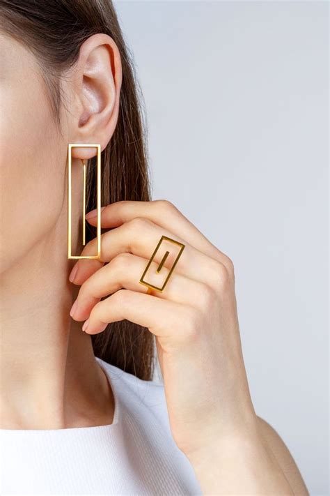 Minimalist Architectural Jewelry Earrings And Ring In 18k Gold Plated