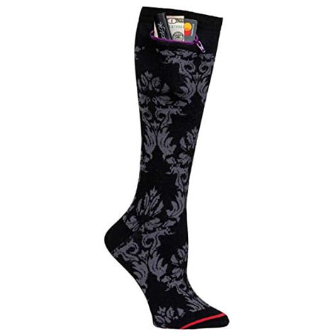 Pocket Socks Womens Fashion Knee High Damask Black With Security Zip