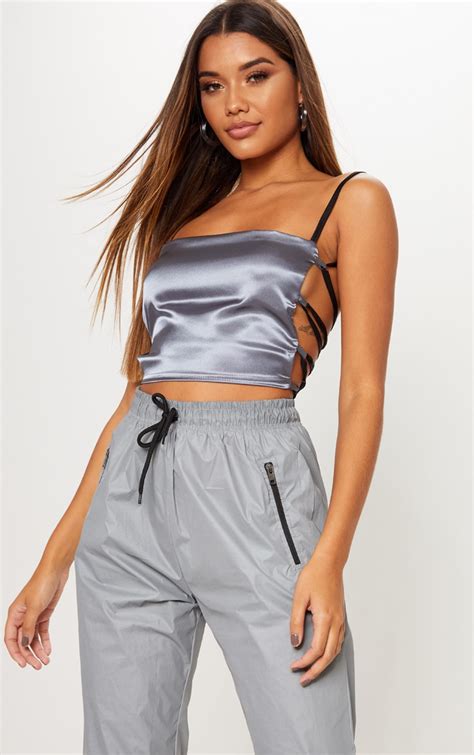 Grey Contrast Satin Backless Crop Top Tops Prettylittlething