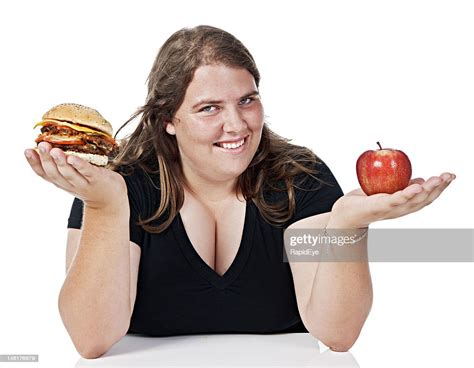 Happy Chubby Woman Indicates The Healthier Food Choice An Apple High