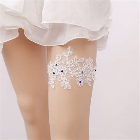 Wedding Garter Blue Rhinestone Embroidery Flower White Sexy Garters For