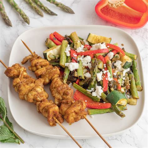 Mealime Spiced Chicken Skewers With Roasted Vegetable Salad