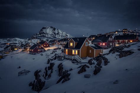 Greenland Night House Landscape Lights Town Snow