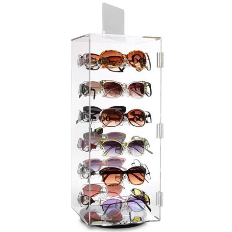 Acrylic Custom Sunglasses Display Stand Lockable Rotating Eyewear Holder Stand With Mirror