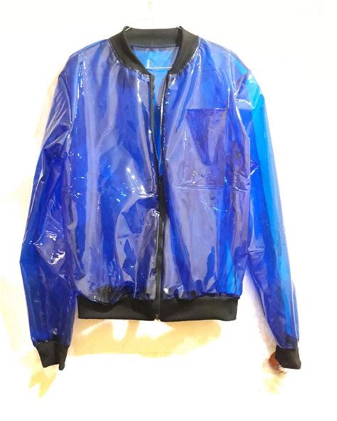 Colored Mens Transparent Bomber Jacket With Cuffs Mens Vinyl Jacket