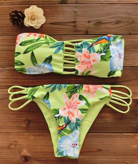2015 Women Bandeau Bikini Reversible Print Swimsuit Strappy Swimwear