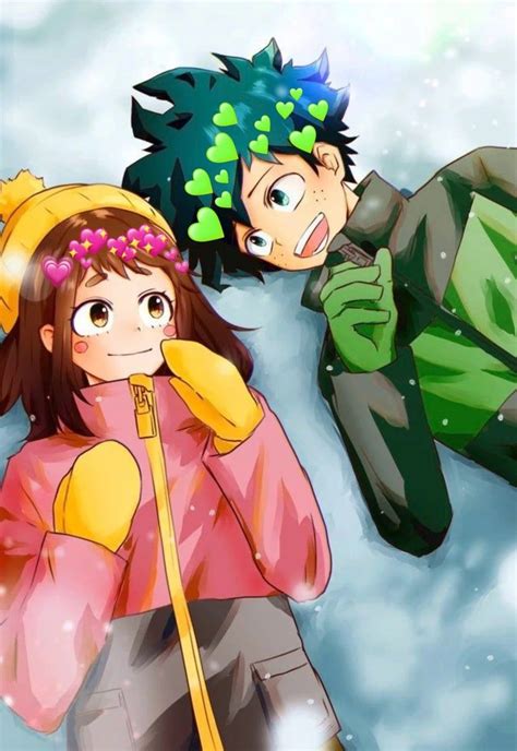 two anime characters standing in the snow with one holding a cell phone to his ear