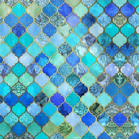 Cobalt Blue Aqua And Gold Decorative Moroccan Tile Pattern Scarf By