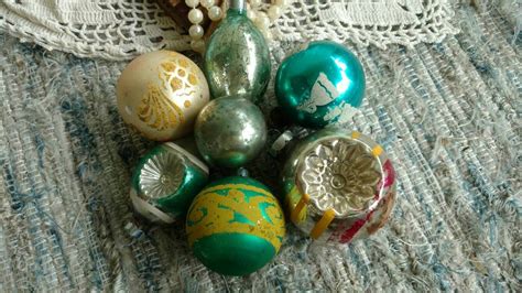 Vintage Green Mercury Glass Ornament Set Retro Set Of Seven