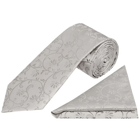 Silver Floral Classic Tie And Handkerchief Set