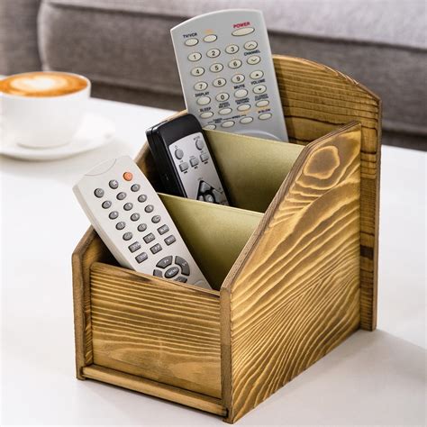 Myt 3 Slot Burnt Wood Remote Control Holder Caddy With Brass Metal