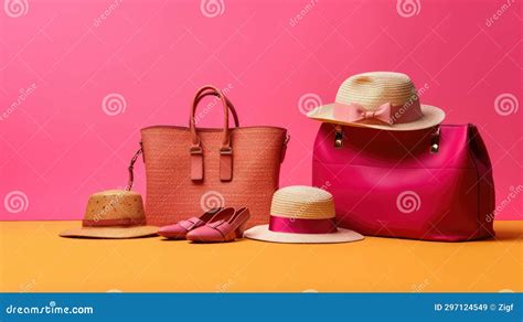 Pink Handbags Hats And Shoes On A Pink Background Stock Illustration