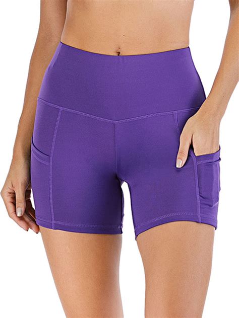 high waist yoga shorts for women with 2 side pockets tummy control running workout shorts pants