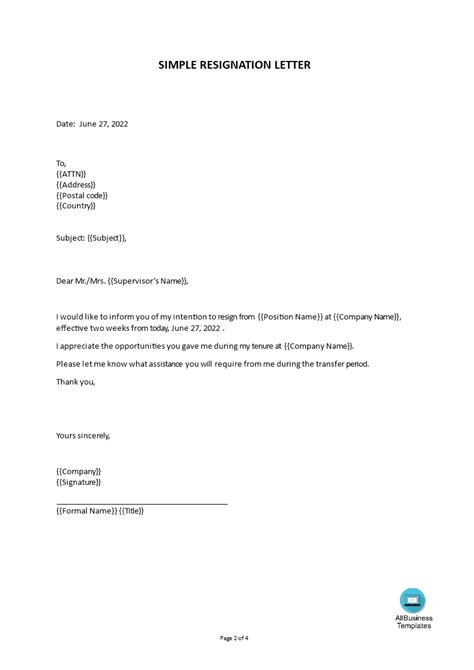 Kostenloses Resignation Letter Format