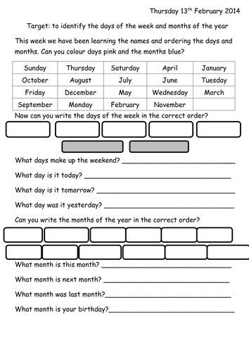Months Of The Year And Days Of The Week Worksheet Months In A Year