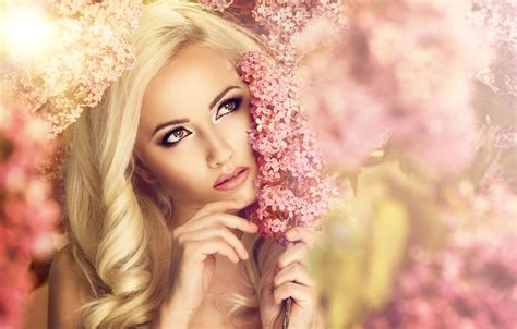 Wallpaper Look Girl Flowers Makeup Blonde Lilac Images For Desktop