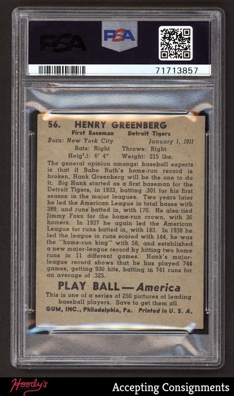 1939 Play Ball 56 Hank Greenberg Tigers Psa 4 Vg Ex Ebay