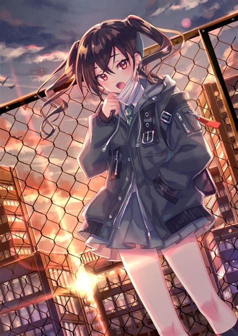 safebooru 1girl bangs belt birdcage blush brown hair building cage chain link fence clouds