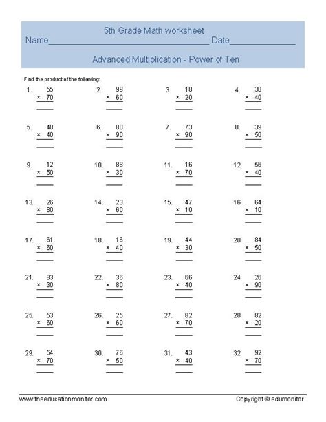 Fifth Grade Math Worksheets Multiplication