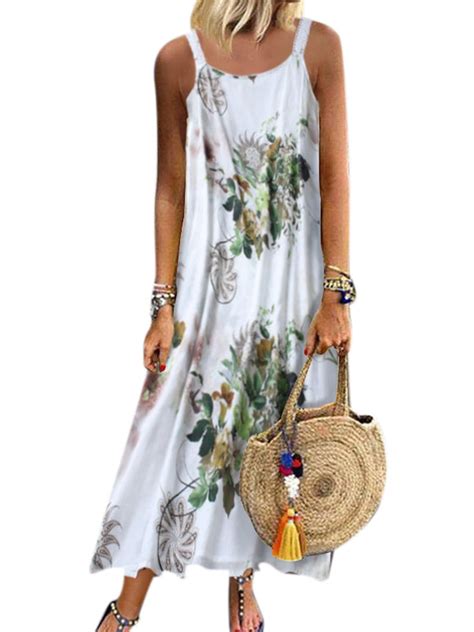 Women S Boho Summer Strappy Plus Size Floral Kaftan Long Dress Beach