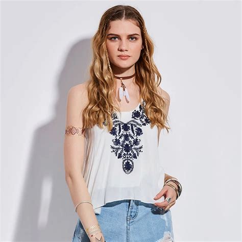 Buy Women Bohemian Tops Floral Embroidery Sleeveless Elegant Cross Shirts 2018