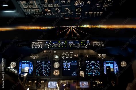 Final Approach At Night Landing Plane Flight Deck View Stock Photo