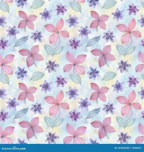 Delicate Watercolor Flowers And Leaves Seamless Botanical Pattern On A