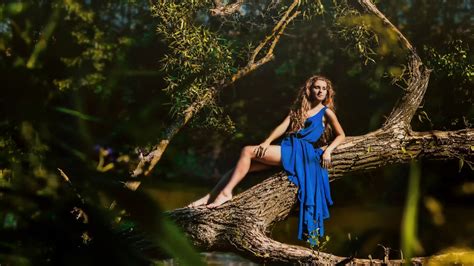 Wallpaper Sunlight Trees Forest Women Outdoors Model Blonde Nature Blue Dress Barefoot