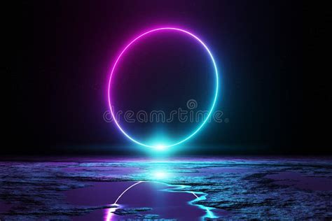 Abstract Background With Blue And Pink Neon Light Circle Reflecting In