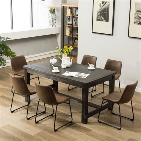 Lotusville 7 Piece Antique Black Finish Wood Dining Table With 6 Brown