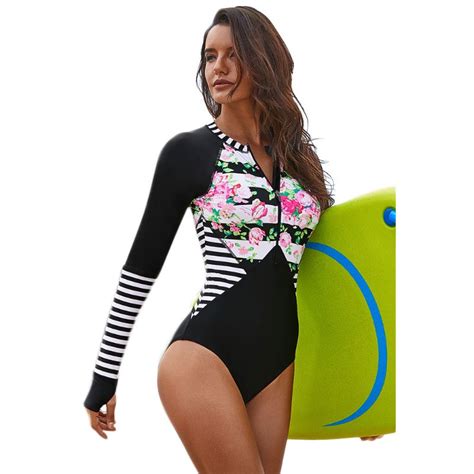 Plus Size One Piece Long Sleeve Rash Guard Uv Protection Floral Stripes Printed Surfing Swimsuit