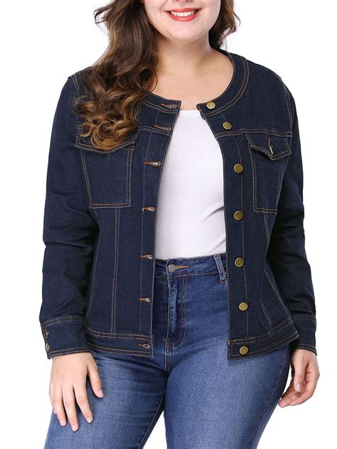 Unique Bargains Womens Plus Size Long Sleeve Collarless Denim Jacket