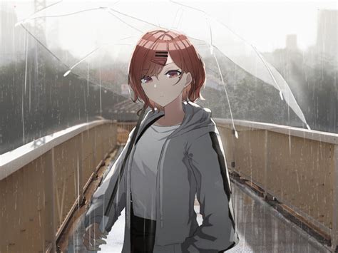 Desktop Wallpaper Rain Anime Girl Redhead Umbrella Hd Image