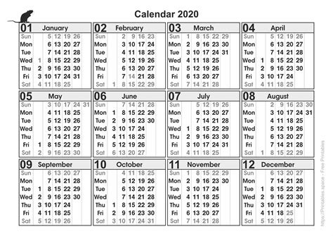 Calendar For Year 2020 Black And White Free Printables