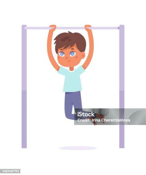 Active Kid Doing Pull Ups On Horizontal Bar Boy Pulling Up And Hanging