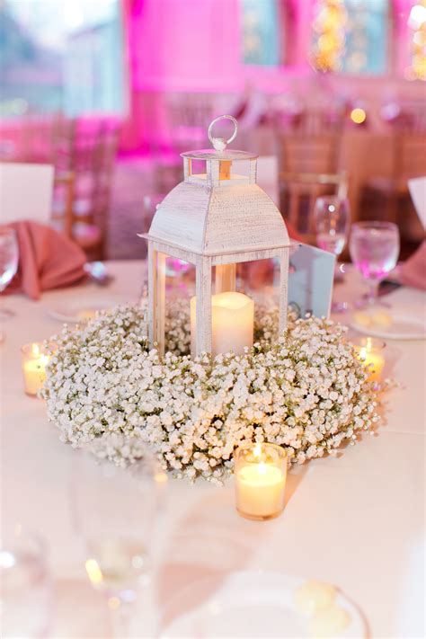 Babys Breath Wreath Centerpiece With Lantern And Candles