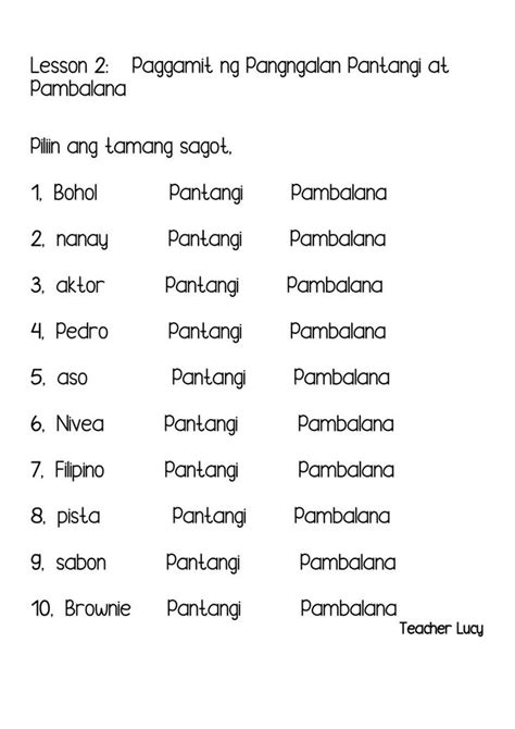 Pantangi At Pambalana Activity Filipino Words School Template