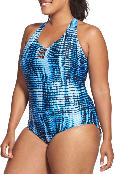 Speedo Plus Size Knotted Racerback One Piece Swimsuit In Blue Lyst