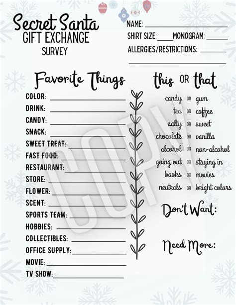 Printable Secret Santa T Exchange Survey Christmas Ts Etsy
