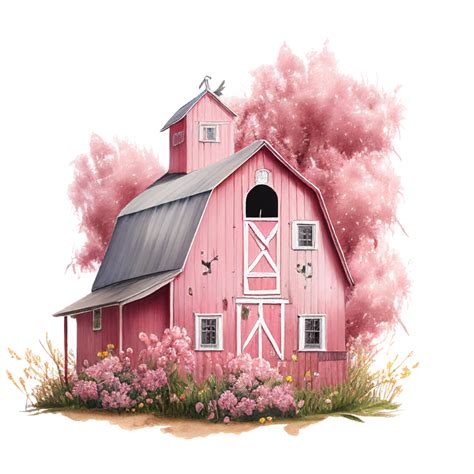 Farmhouse Clipart Pink Watercolor Wooden Barn Rustic Garden Flowers