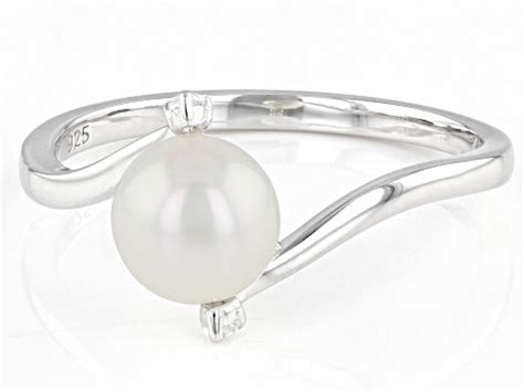 White Cultured Freshwater Pearl With Lab Created Sapphire Rhodium Over